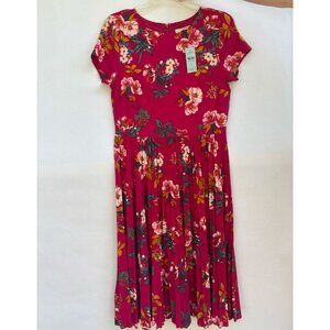 LOFT NWT Pleated Stretch Midi Dress, Pink with Floral Print, Size 4 Petite